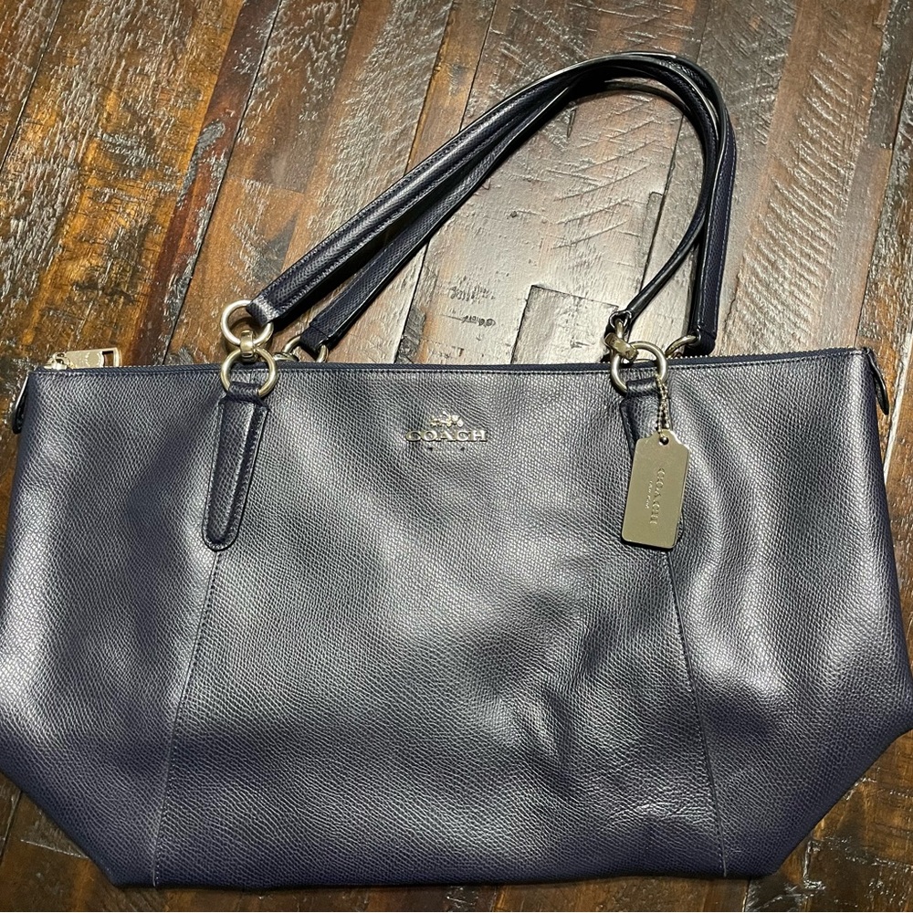 Navy leather Coach tote.